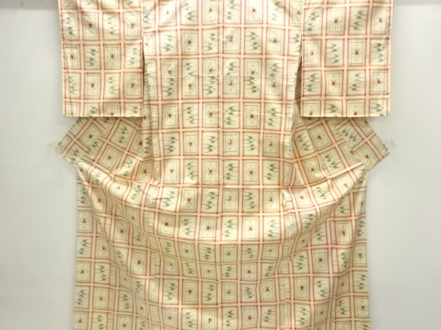 Hand-woven Tsumugi Kimono with Kasuri pattern woven into a lattice pattern